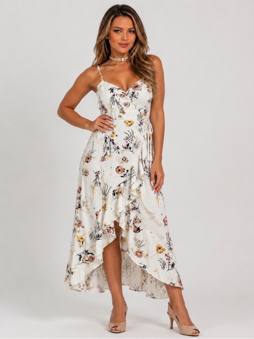 hint of mint White Floral Wrap Maxi Dress with Yellow & Blush Prints